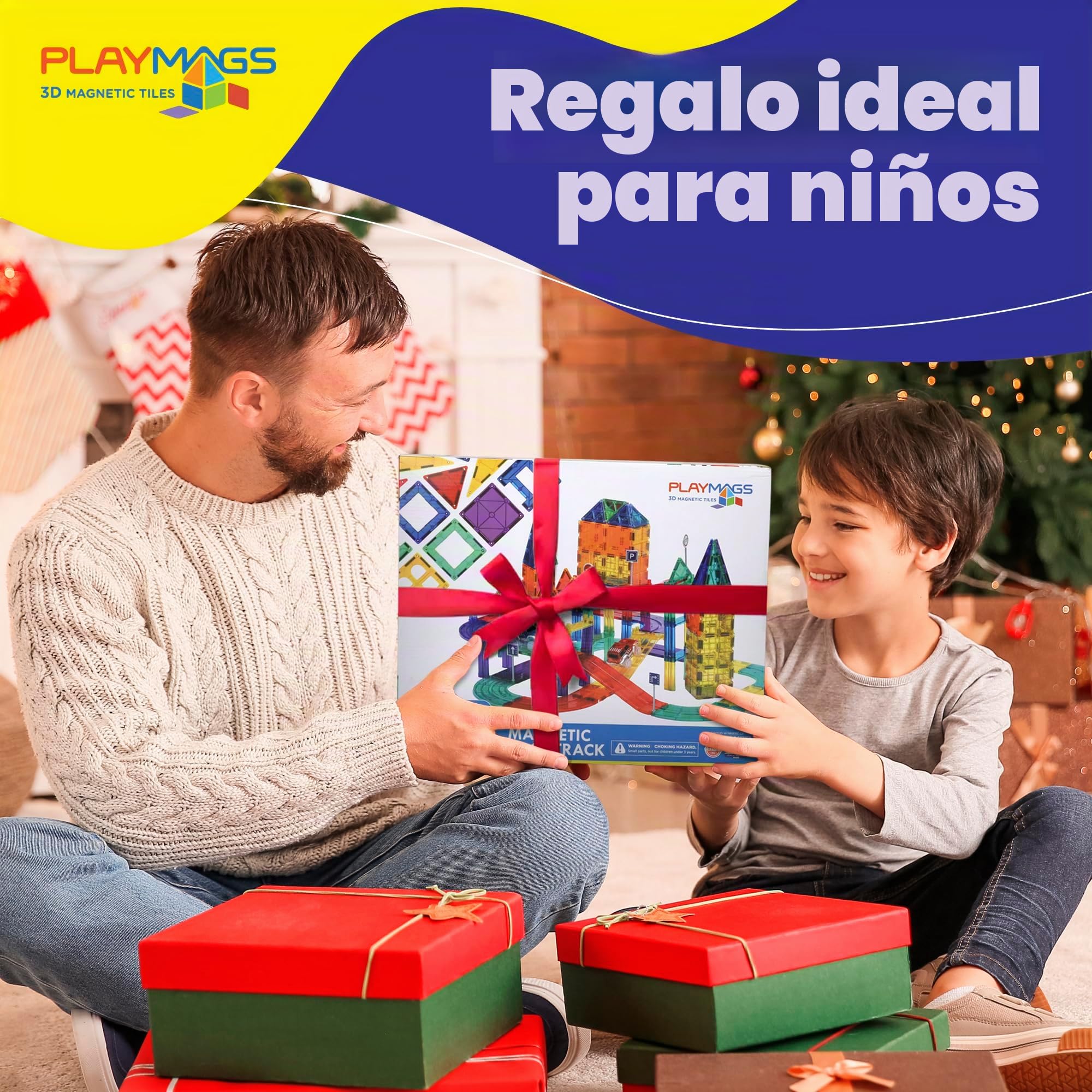Playmags Juego de 200 Piezas con Azulejos magnéticos, Circuito, Incluye 2 Coches de Carreras motorizados, para niños a Partir de 3 años