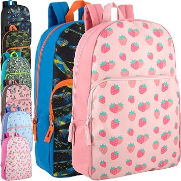 Trail maker 24 Pack of 17 Inch Printed Bulk Backpacks For Boys and Girls Wholesale Backpacks in Bulk for School Kids Fun Mixed Unisex Pack