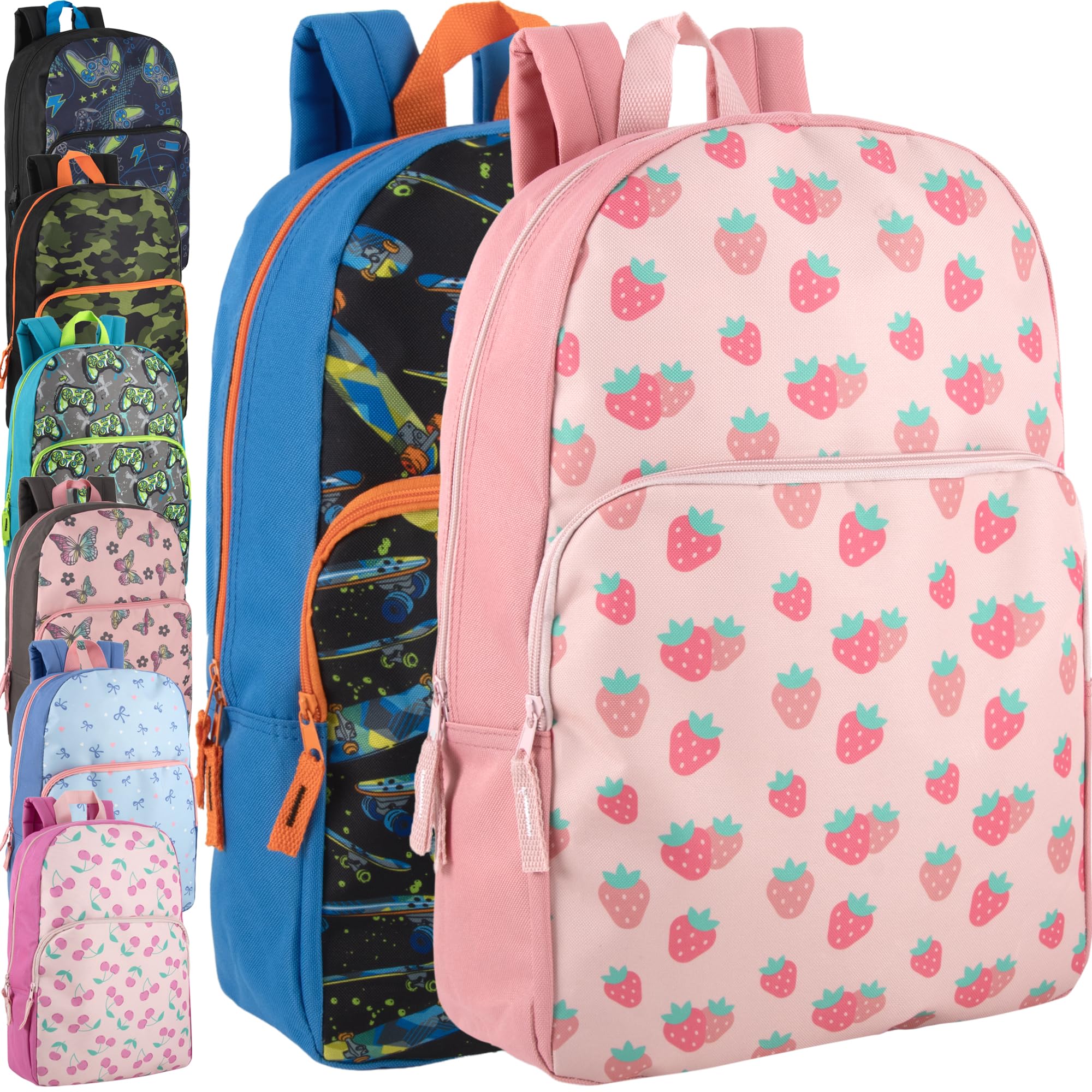 Trail maker 24 Pack of 17 Inch Printed Bulk Backpacks For Boys and Girls Wholesale Backpacks in Bulk for School Kids (Fun Mixed Unisex Pack)