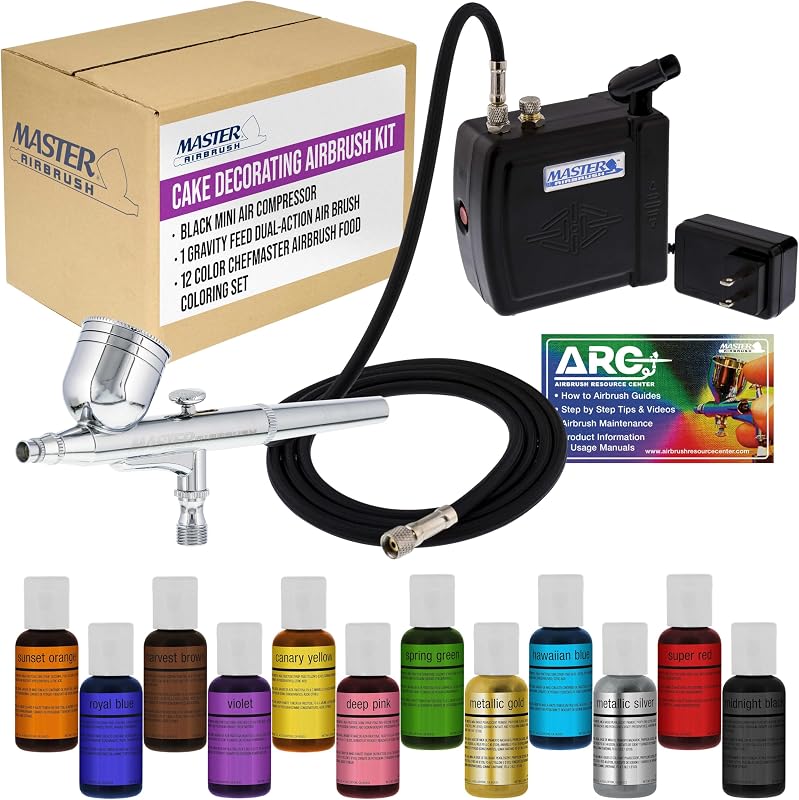 Master Airbrush Kit de aerógrafo para decoración de pasteles con compresor, juego de 12 colores Chefmaster para colorear alimentos, cepillo de aire de doble acción con alimentación por gravedad y manual de instrucciones, kit de aerógrafo para pasteles para cupcakes, galletas