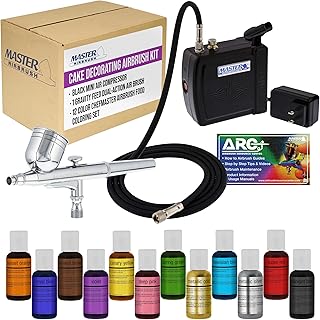 Master Airbrush Cake Decorating Airbrush Kit with Compressor, 12 Color Chefmaster Food Coloring Set, Gravity Feed Dual-Action Air Brush & How-to Manual - Cake Airbrush Kit for Cupcakes, Cookies