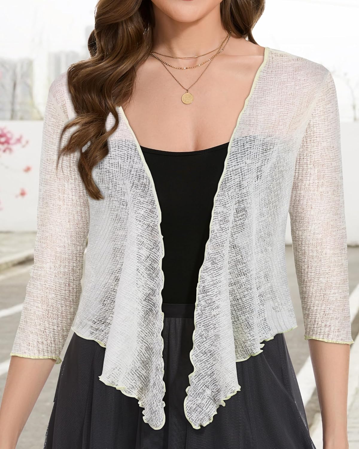 Women Crop Cardigan Sheer Mesh Bolero Shrug for Dress Tie Front 3/4 Sleeve Tops - Image 2