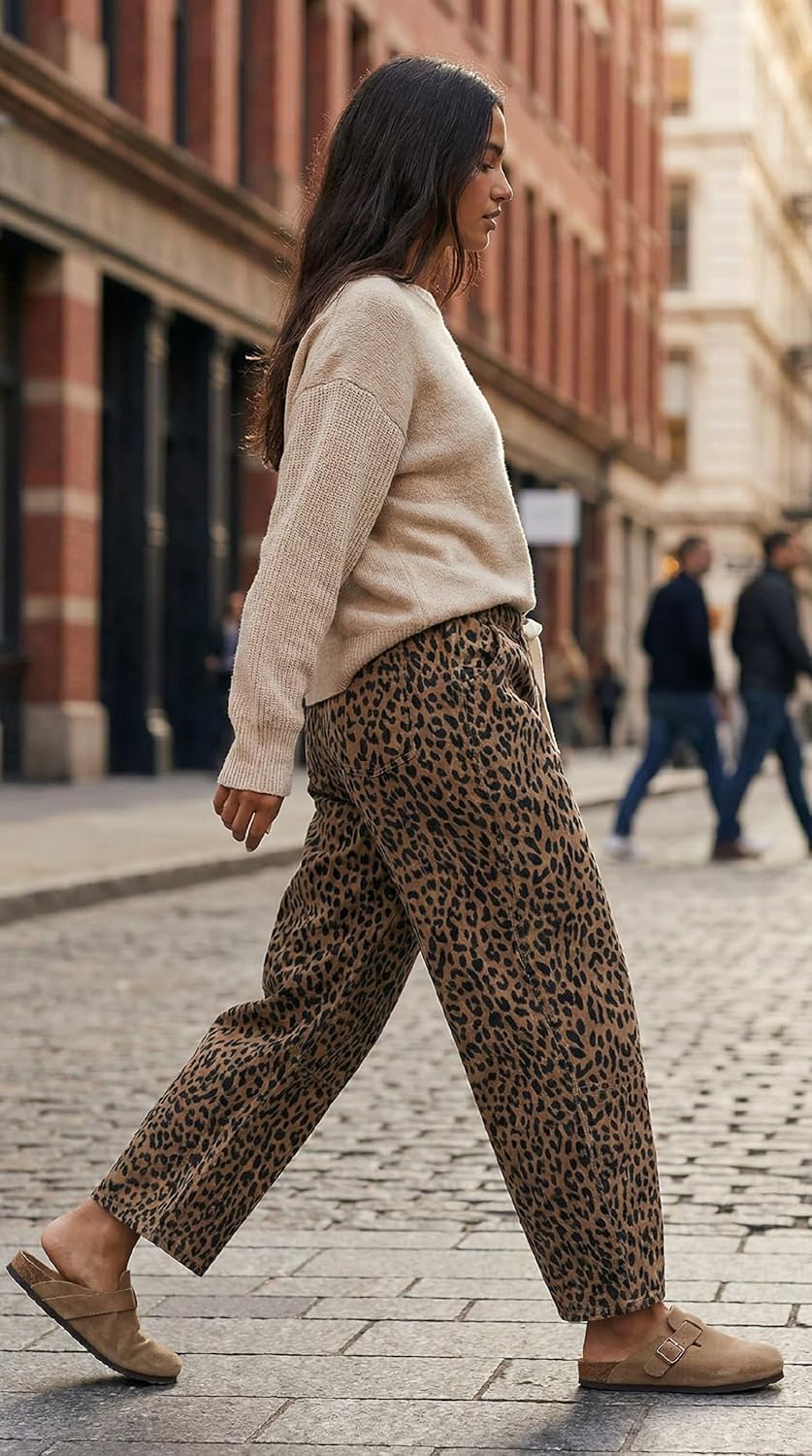 loveimgs Women Baggy Cheetah Print Barrel Jeans Leopard Printed Denim Barrel Pants Elastic Waist Wide Leg Jean Drawstring Y2k - Image 7