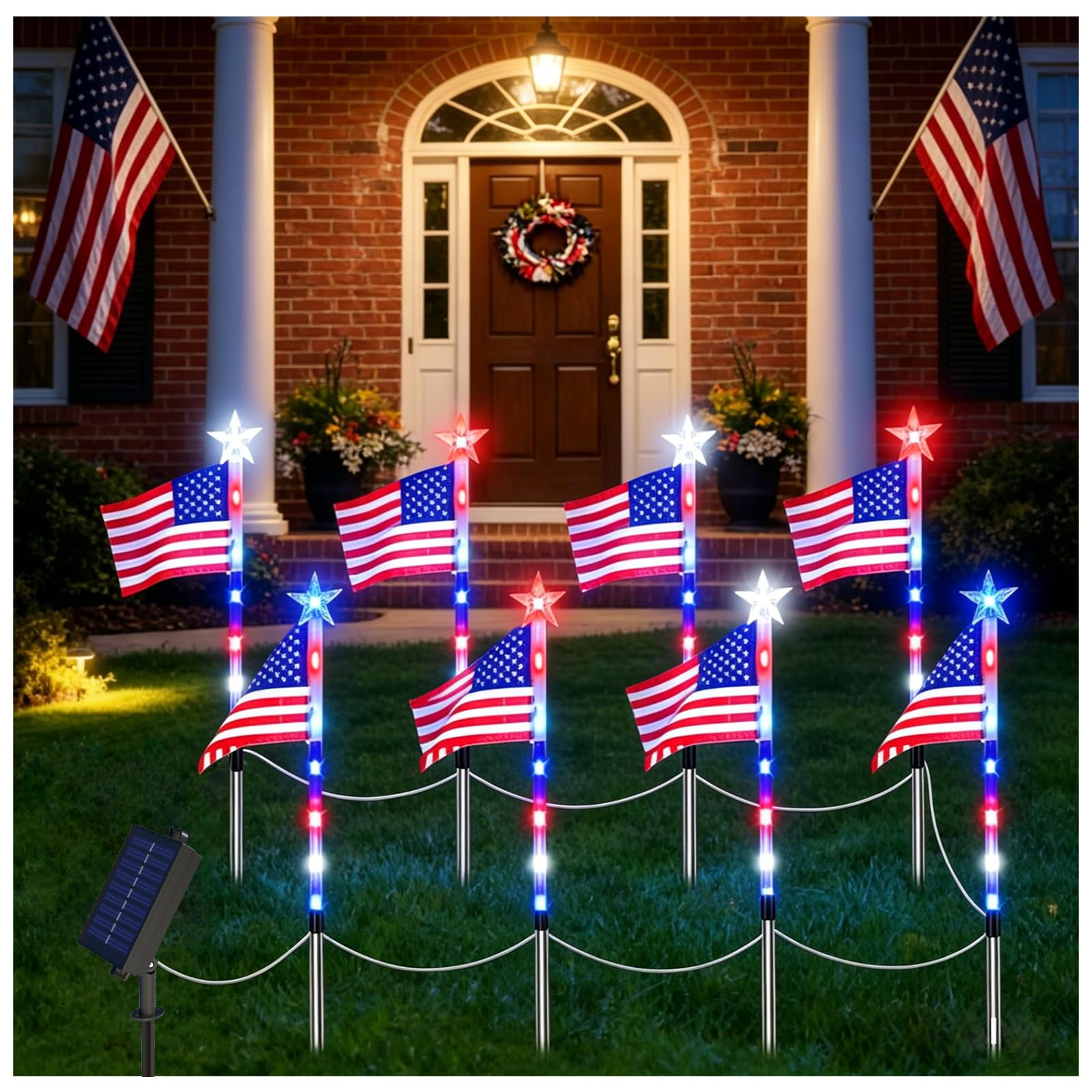 Photo 1 of 4th of July Decorations Outdoor American Flag Lights, 8-Pack Solar Powered Pathway Lights with USA Flags and LED Stars, Red White and Blue Patriotic Yard Decor