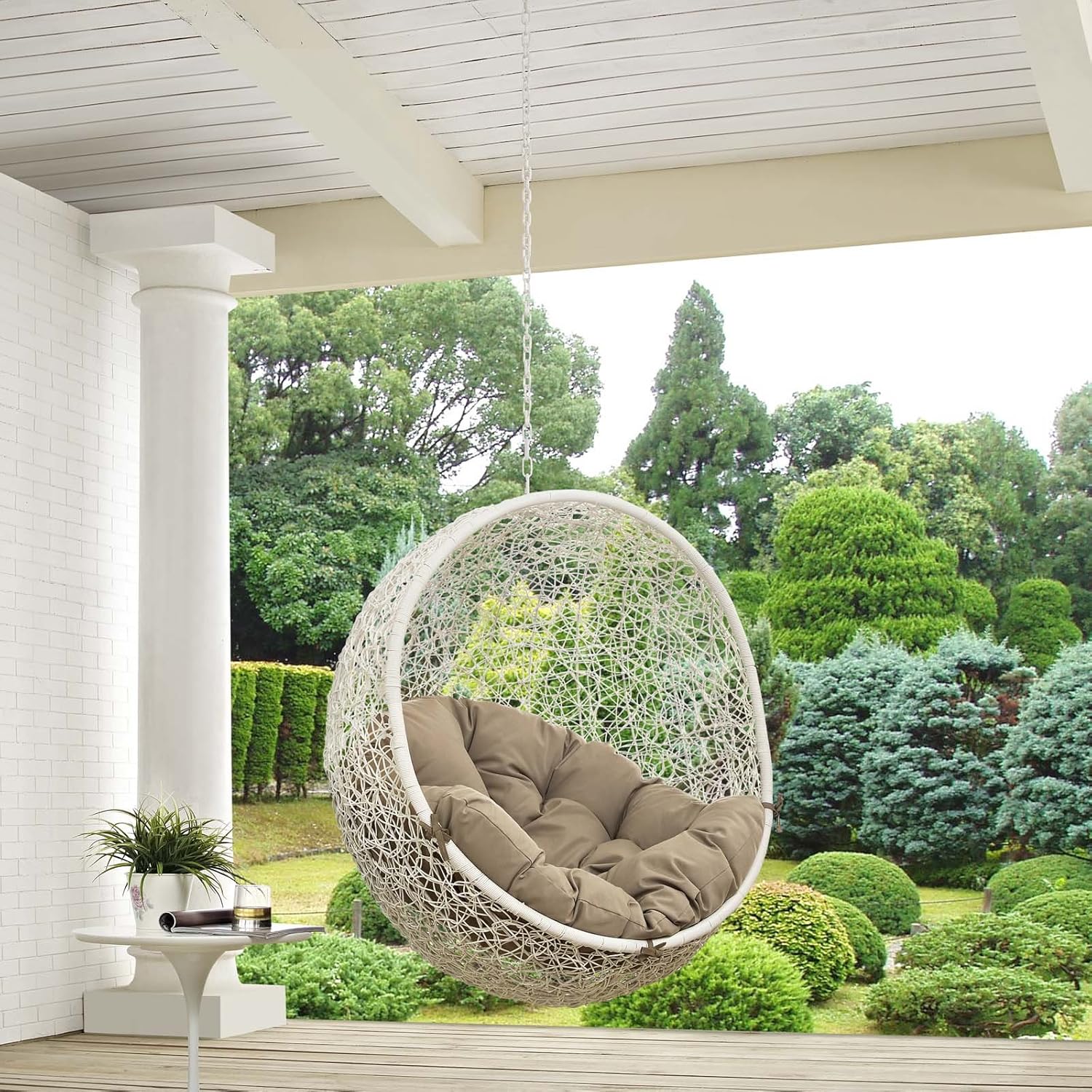 Modway Hide Wicker Rattan Outdoor Patio Swing Chair with Hanging Steel Chain in White Mocha