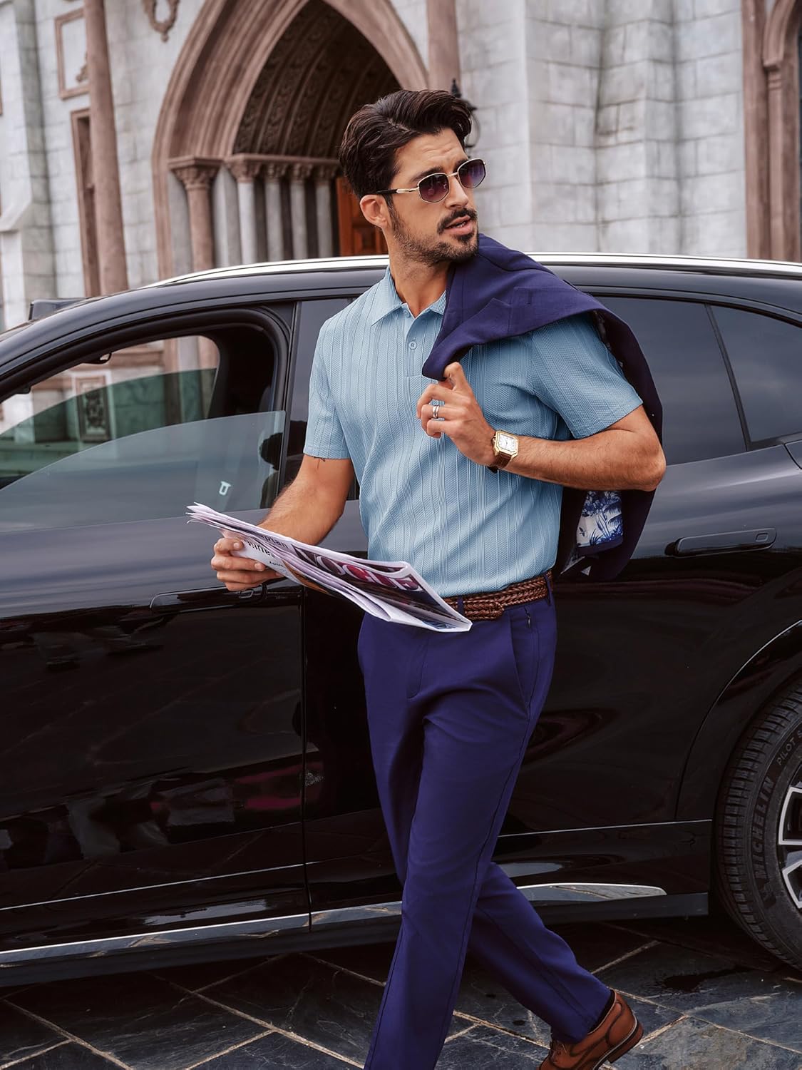 PJ PAUL JONES Mens Polo Shirts Short Sleeve Textured Knit Polo Casual Dress Shirts Summer Golf Shirts Fashion Tops - Image 2