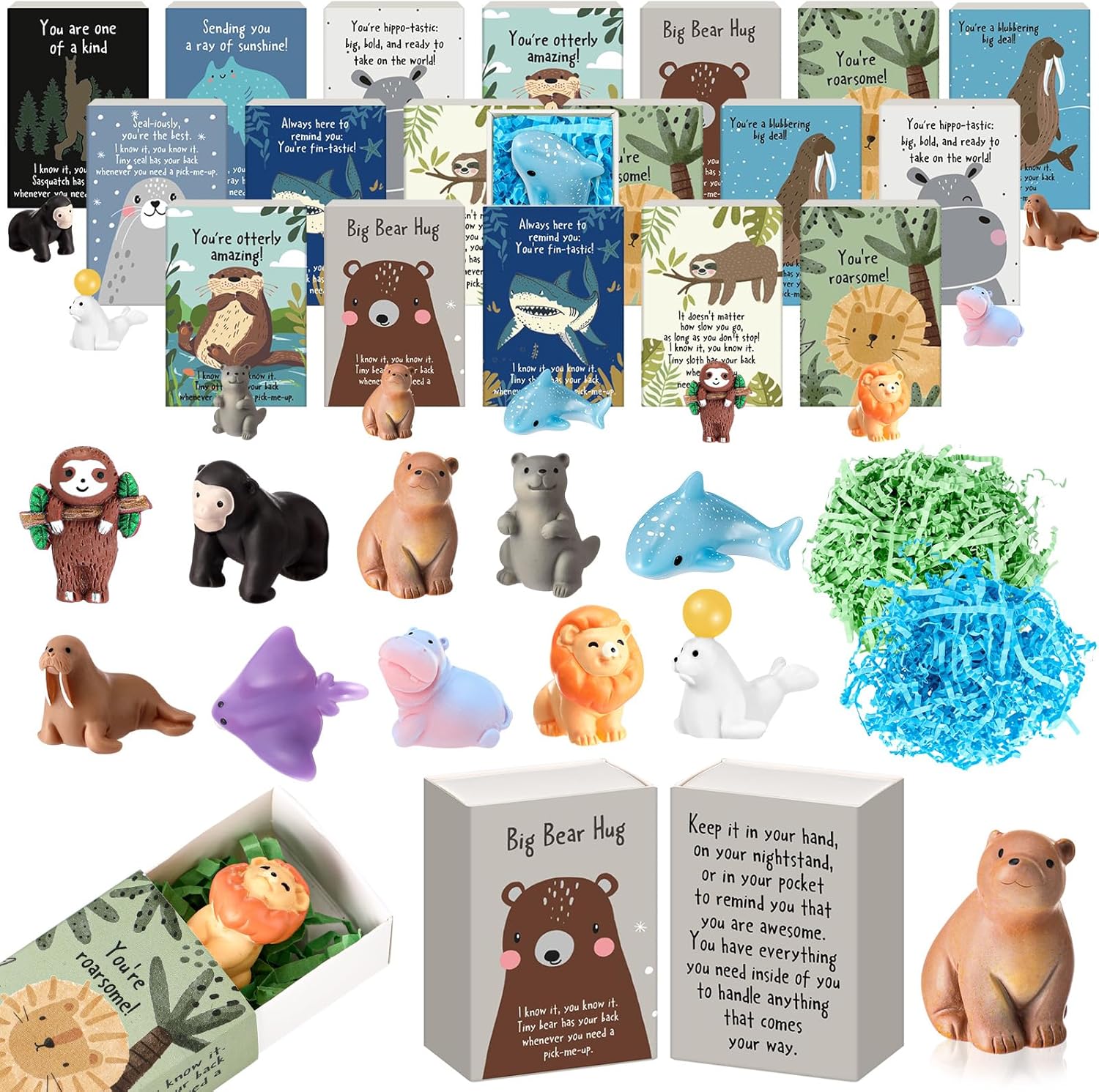Soulchen 100 Sets Mini Emotional Gifts Bulk for Employee Positive Mental Health Stress Relief Gifts Cute Resin Animal Figurines with Pun Box for Graduation Teacher Veterinary Adults (Cute)