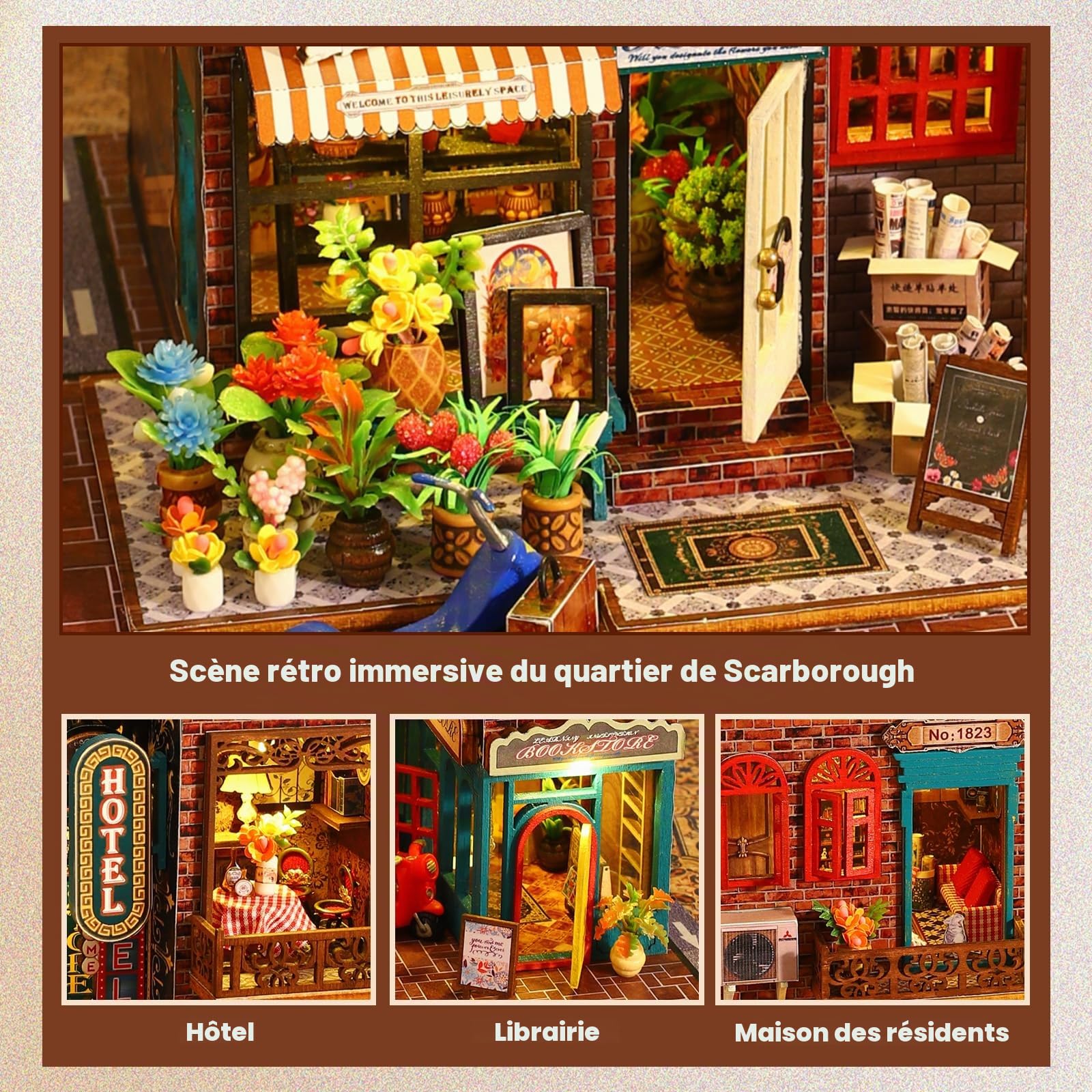 DIY Miniature Maison, Hôtel Scarborough Puzzle 3D en Bois avec Lumière LED Musique, Kit de Maison de poupée pour Adultes, Maquette à Décoration pour Bibliothèque, Cadeau d'anniversaire