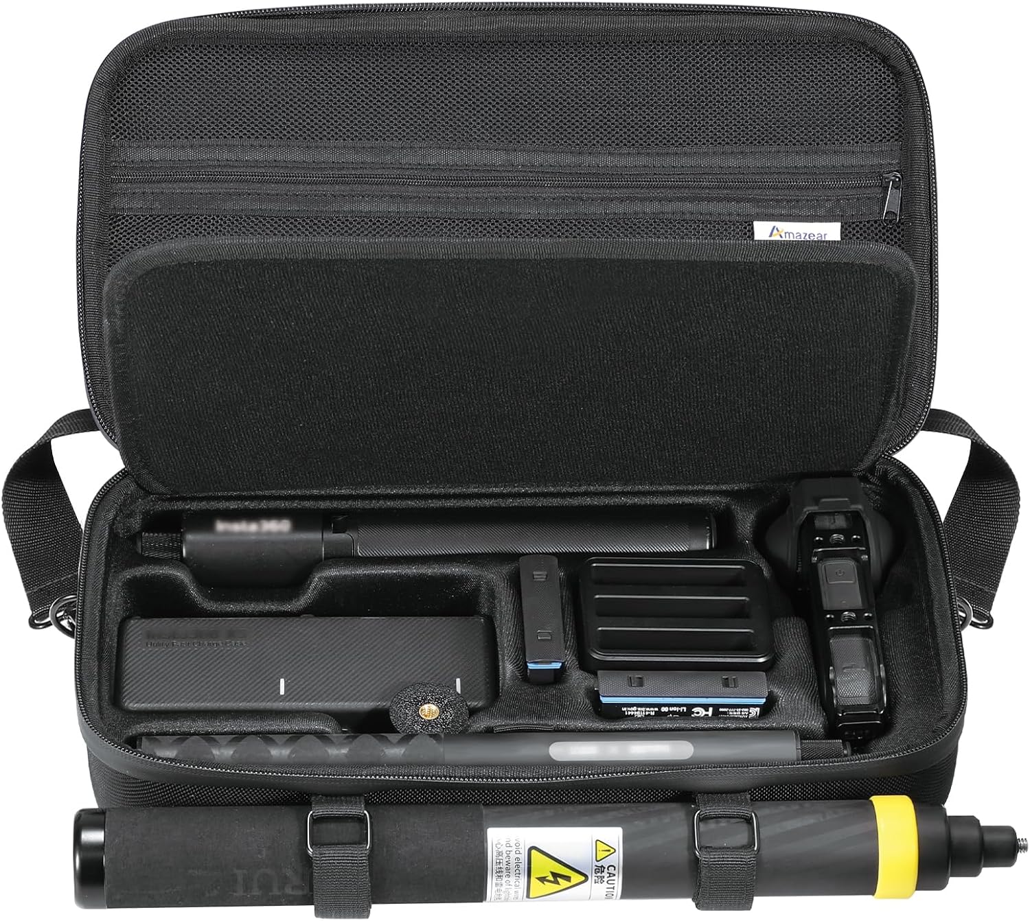 AMAZEAR Carrying Case for Insta360 X5 Accessories, Insta 360 X5 X4 Air Action Camera Waterproof Travel Carry Bag with Shoulder Strap, Compatible with 3M 9.8ft 2-in-1 Selfie Stick Tripod, Pure Black