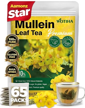 WOTIHA 65 Count Value Pack Premium Mullein Leaf Tea Bags - 100% Pure Natural Herbal tea, Lungs Cleanse & Respiratory Support, Caffeine-Free, No Additives, Non-GMO
