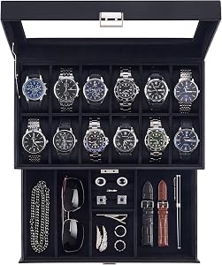 Lolalet Watch Case for Men, 12 Slot Mens Jewelry Box with Drawer Glass Lid