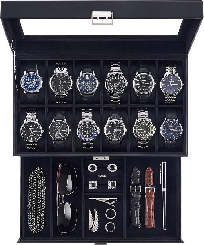 Lolalet Watch Case for Men, 12 Slot Mens Jewelry Box with Drawer Glass Lid | 2 Layers Storage Holder Organizer with Removable Pillows, Anniversary Birthday Gifts for Collectors -All Black