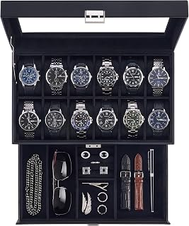 Lolalet Watch Case for Men, 12 Slot Mens Jewelry Box with Drawer Glass Lid | 2 Layers Storage Holder Organizer with Removable Pillows, Anniversary Birthday Gifts for Collectors -All Black