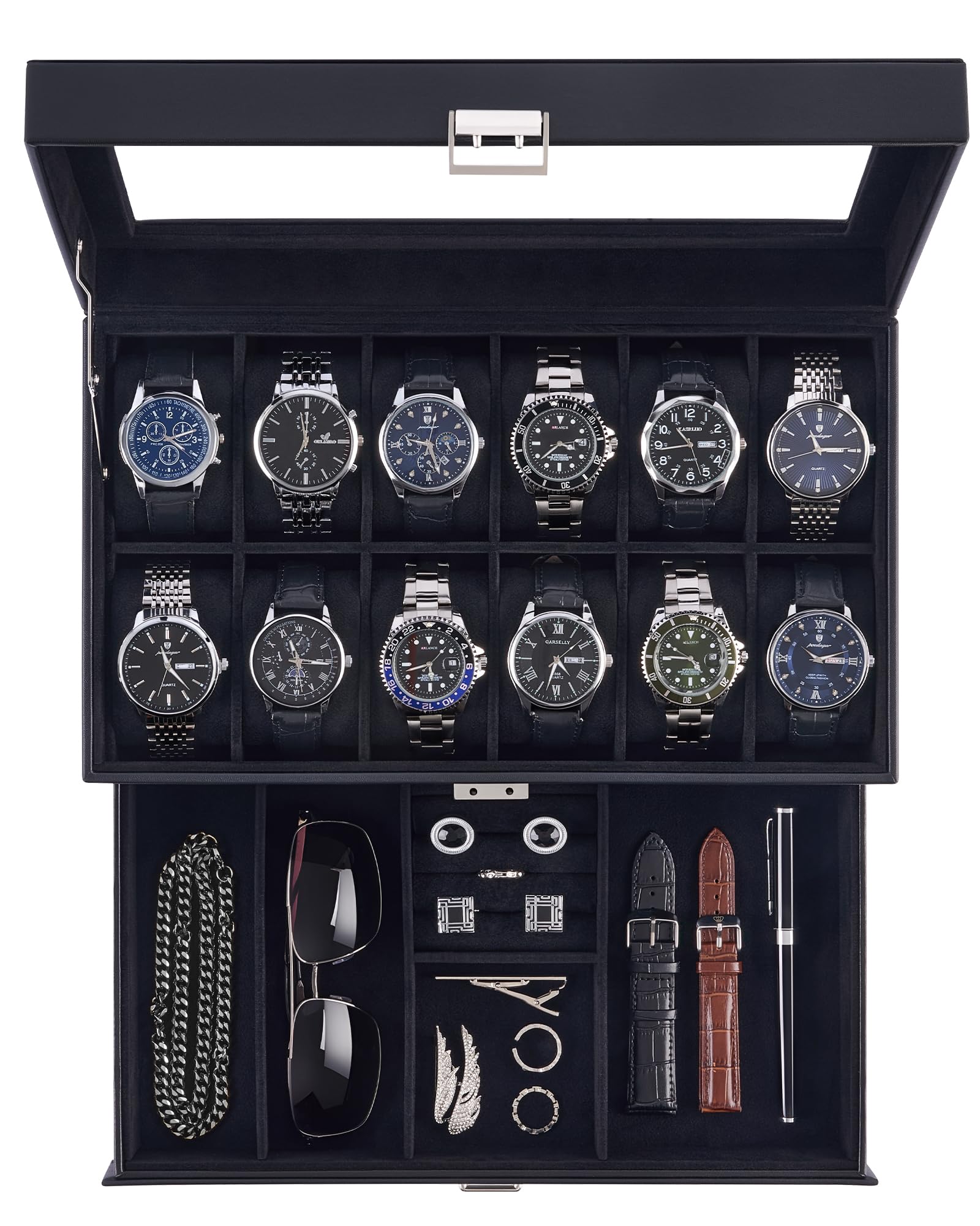 ProCase Scatola per orologi con 12 scomparti, coperchio in vetro, 2 livelli | con Cuscino Rimovibile, per Gioielli, Anelli, Bracciali e Collane -