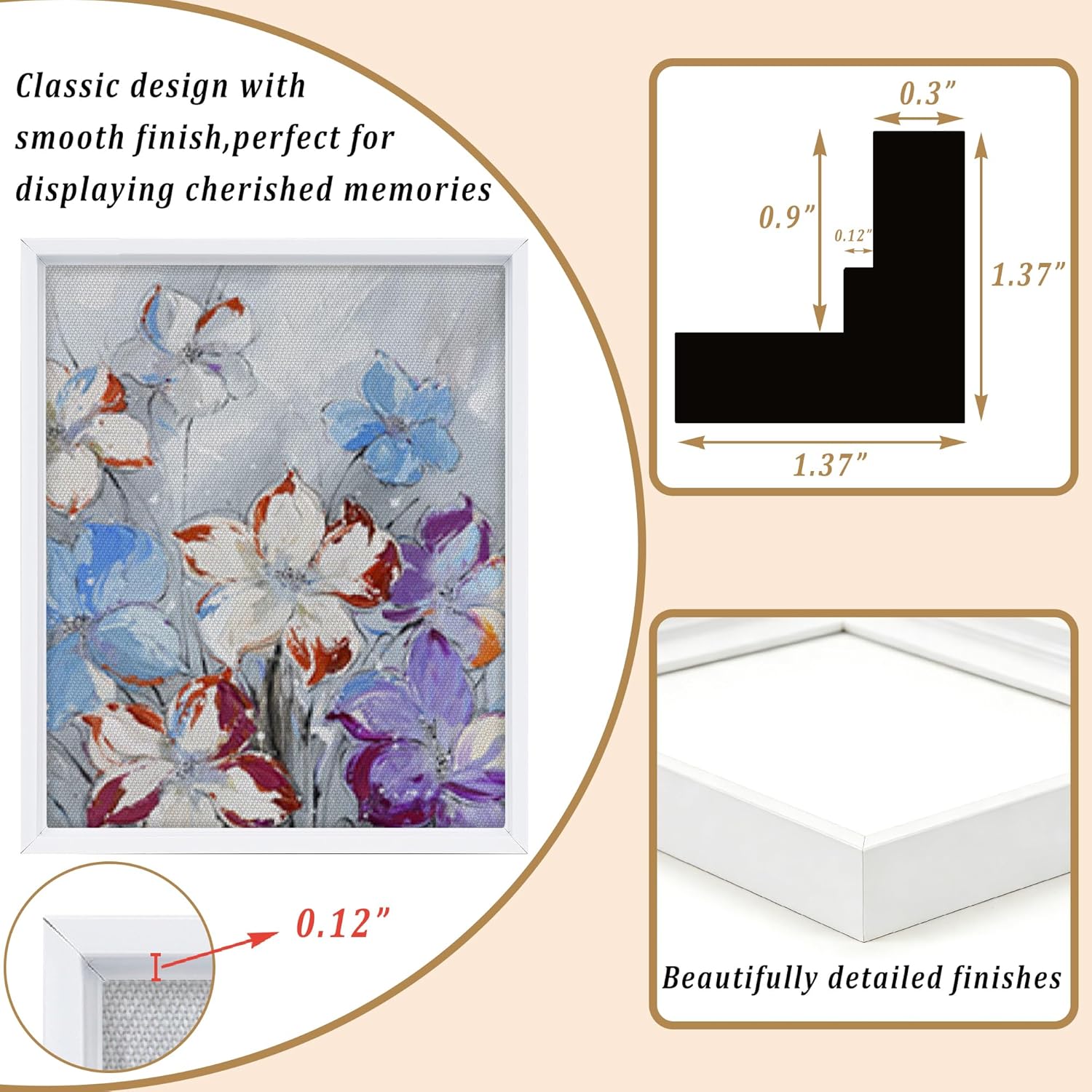 HUACANVAS 3 Pack Canvas Floater Frames for Painting Art with 0.6"~0.9" Depth,Canvas Frames for Prints,Floating Frame for Home Decore (8"x10", White)