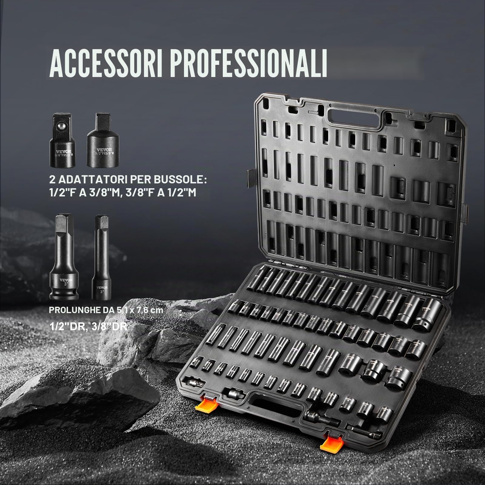 VEVOR Set di bussole per avvitatore a percussione da 3/8 e 1/2 pollici, Set di 59 bussole SAE da 5/16 a 1-1/4 pollici e metrico 6-32 mm, Acciaio legato Cr-Mo a 6 punti per riparazioni auto officina