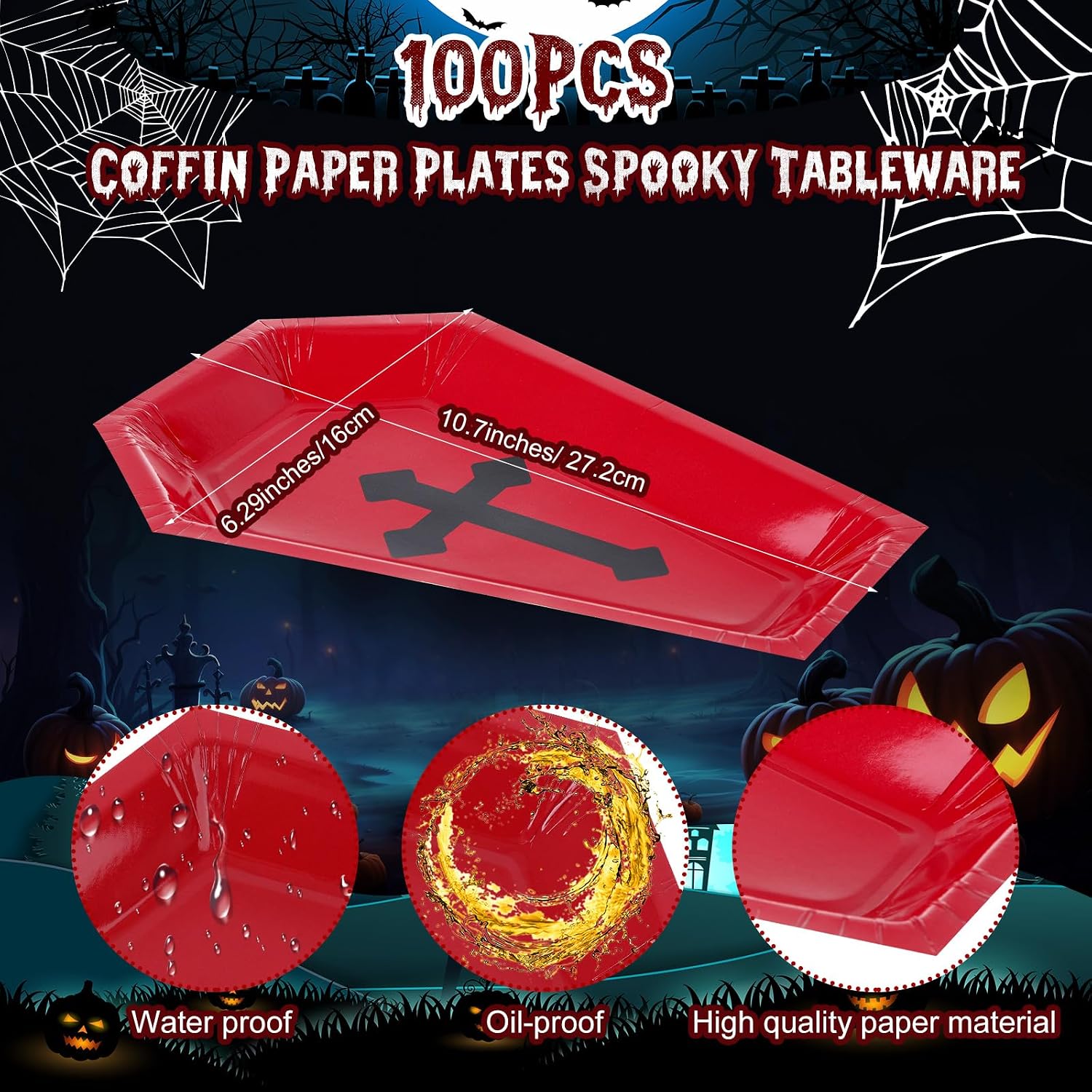 Hsei 100 Pcs Halloween Coffin Paper Plates Party Tableware, Cross Style image 3