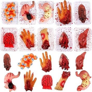 Feradny 10 Pack Halloween Body Parts Realistic Organs Fake Brain Heart Liver Broken Foot Finger Hand Eyeball Prop Screw Liver Dinner Plate for Halloween Haunted House Party