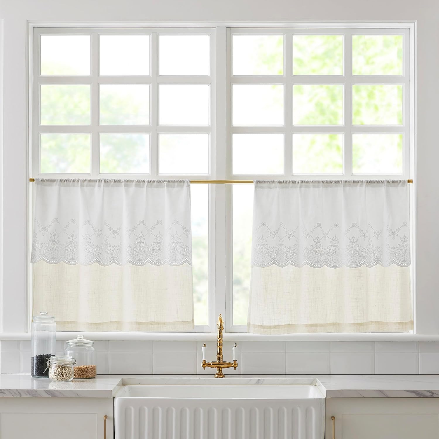 Lush Decor Brigitte Embroidery Eyelet Scalloped Edge Kitchen Tiers Pair 29" W x 24" L Neutral - Lace Curtains - Cafe Curtains - Country Cottage Decor