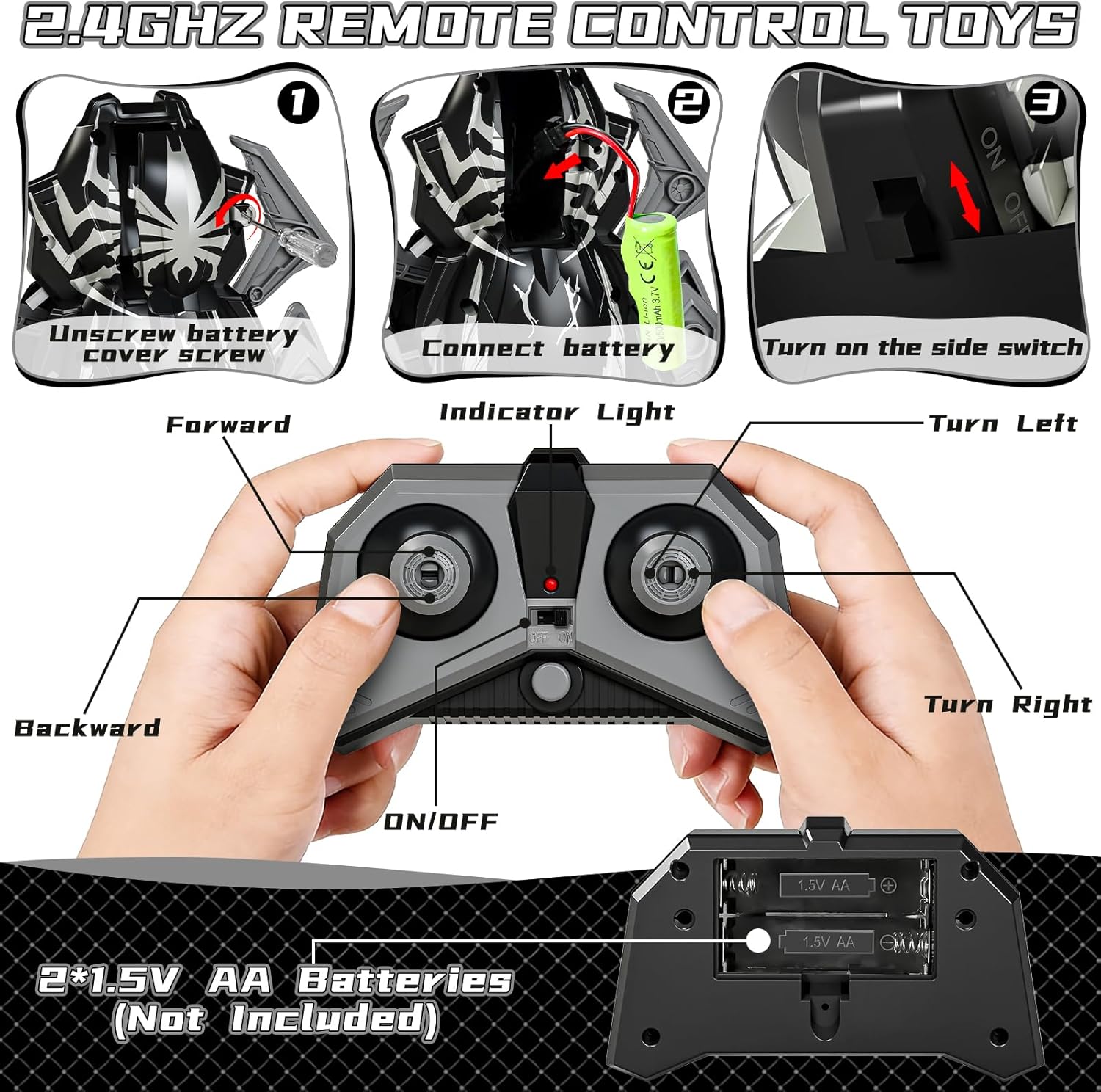 Agard Remote Control Spider Robot Toy - 2.4 GHZ RC Spider Toys, Realistic Remote Control Animal - Kids Valentines Gifts Toys for 3 4 5 6 7 8 9 Year Old(Black Grey)