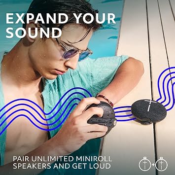 Ultimate Ears MINIROLL Ultra-Portable Waterproof Bluetooth Speaker, Balanced Bass, IP67 Dustproof, 131 ft (40 m) Range - Gentle Black