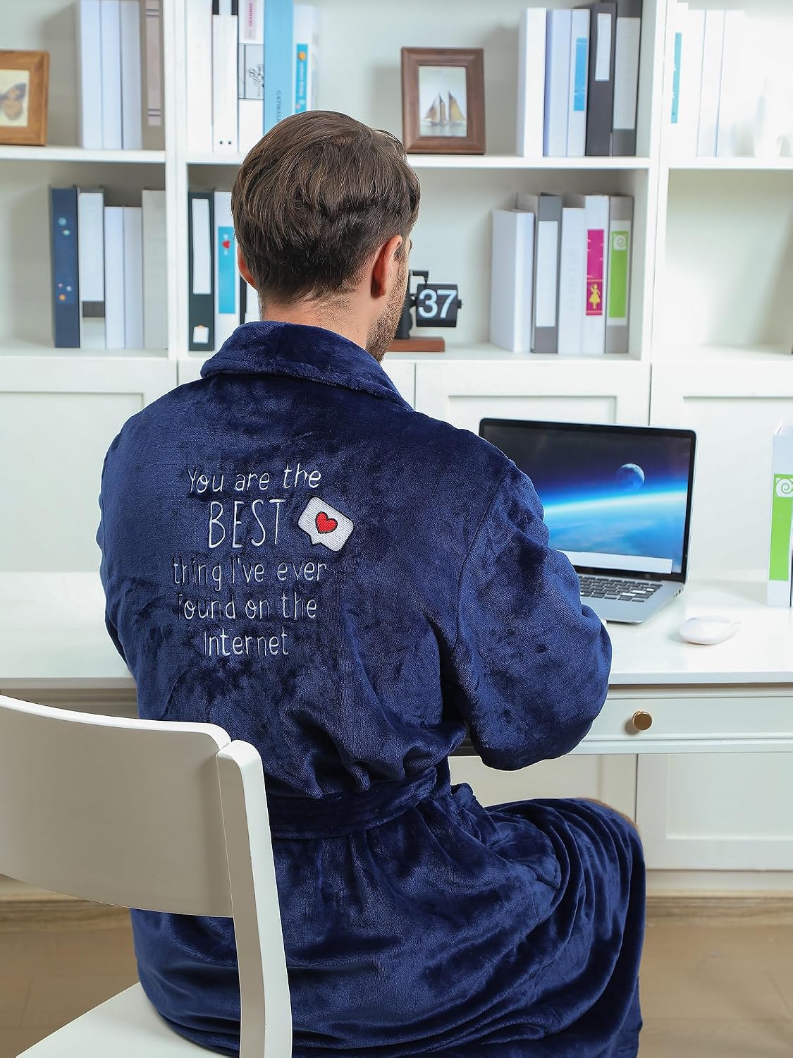 Jecery Mens Robe Soft Flannel Spa Robe for Men Blue Robes Plush Bathrobe for Father's Day Husband Dad Boyfriend Birthday Gift