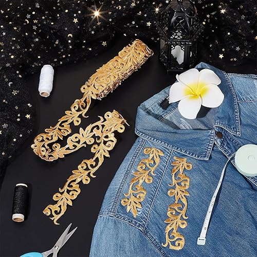 Miniatura 4 de NBEADS Alrededor de 4.37 yardas (13.1 ft) cintas de poliéster bordadas doradas, 1.38 pulgadas de ancho de encaje metálico para planchar en encaje