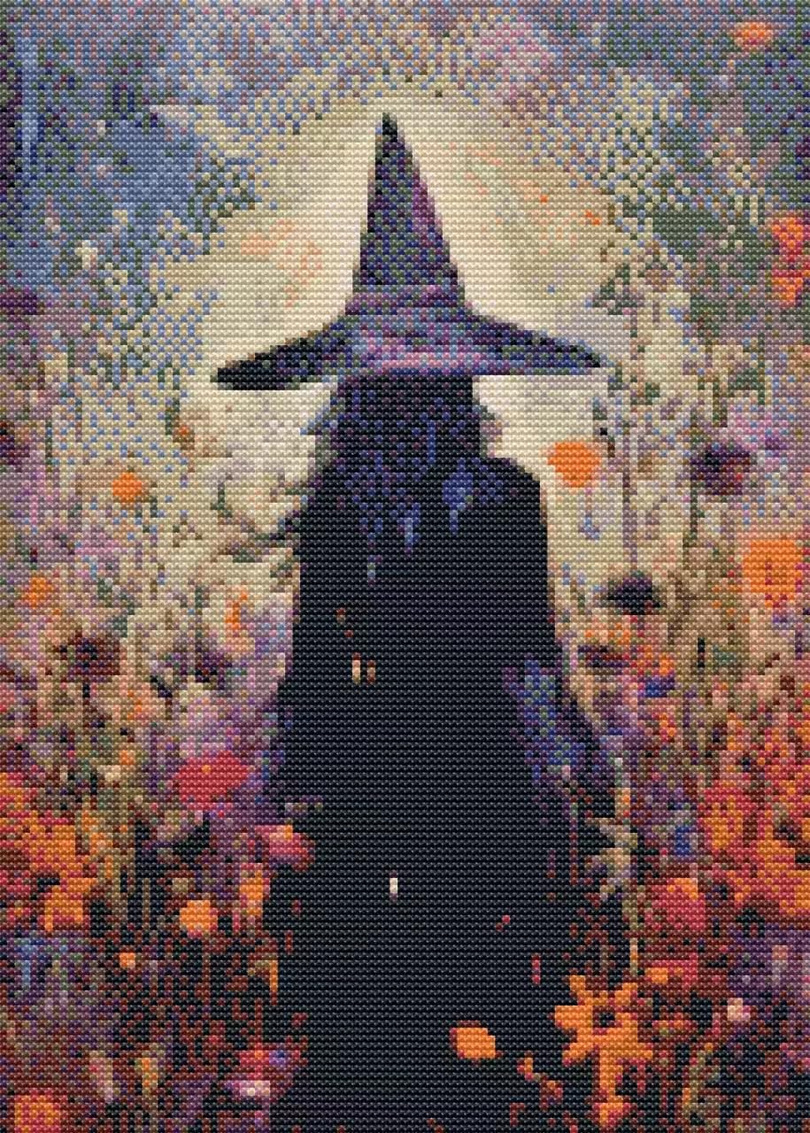 Eiazuiks Witch Halloween Stamping Cross Stitch Kit, Halloween Counting Cross Stitch Kit For Adult Beginners, Full Line Diy Stitching Kit For Home Decor Cross Stitch Patterns 12X16 Inches