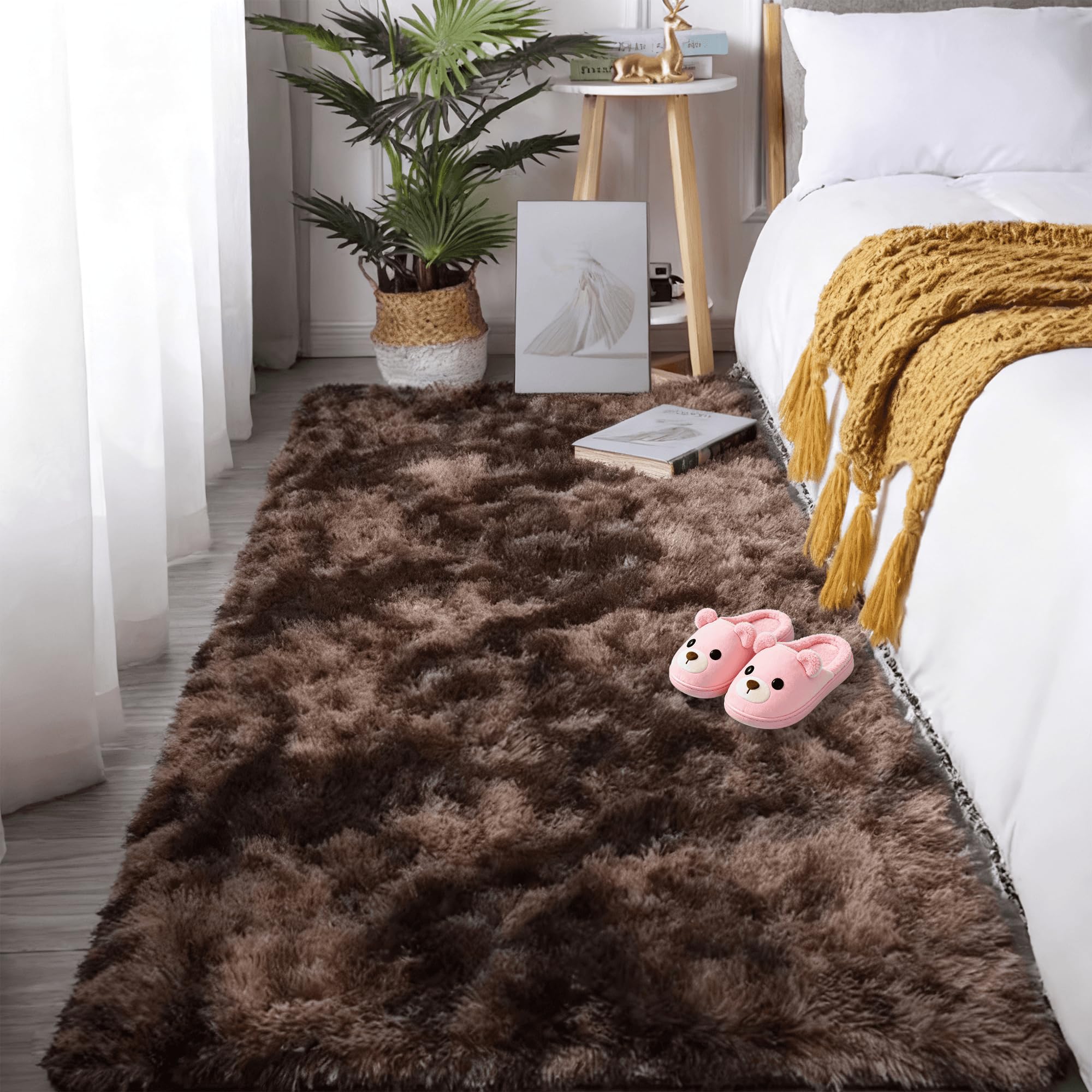 Tapis salon shaggy moderne grand format 280x340 cm marron chambre à coucher