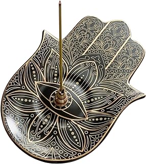 Ceramic Hamsa Hand Incense Holder - 2 in 1 Brass Incense Holder for Sticks and Coil Incense- Zen Decor with Hand of Fatima Design Protection from Evil - 6.2" L X 4.5" W (Black)