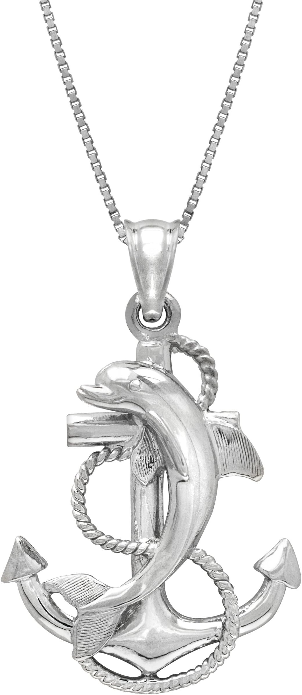 Honolulu Jewelry Company Sterling Silver Dolphin Anchor Necklace Pendant with 18" Box Chain