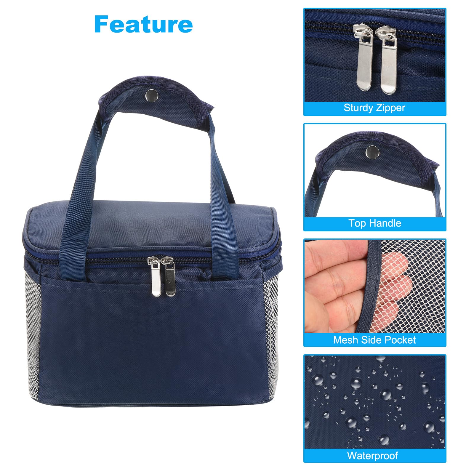 Boîte à déjeuner pour femme/homme, sac à déjeuner isotherme, sac fourre-tout thermique, récipient à déjeuner réutilisable 15 x 17 x 24,9 cm pour le travail, pique-nique en plein air, bleu marine
