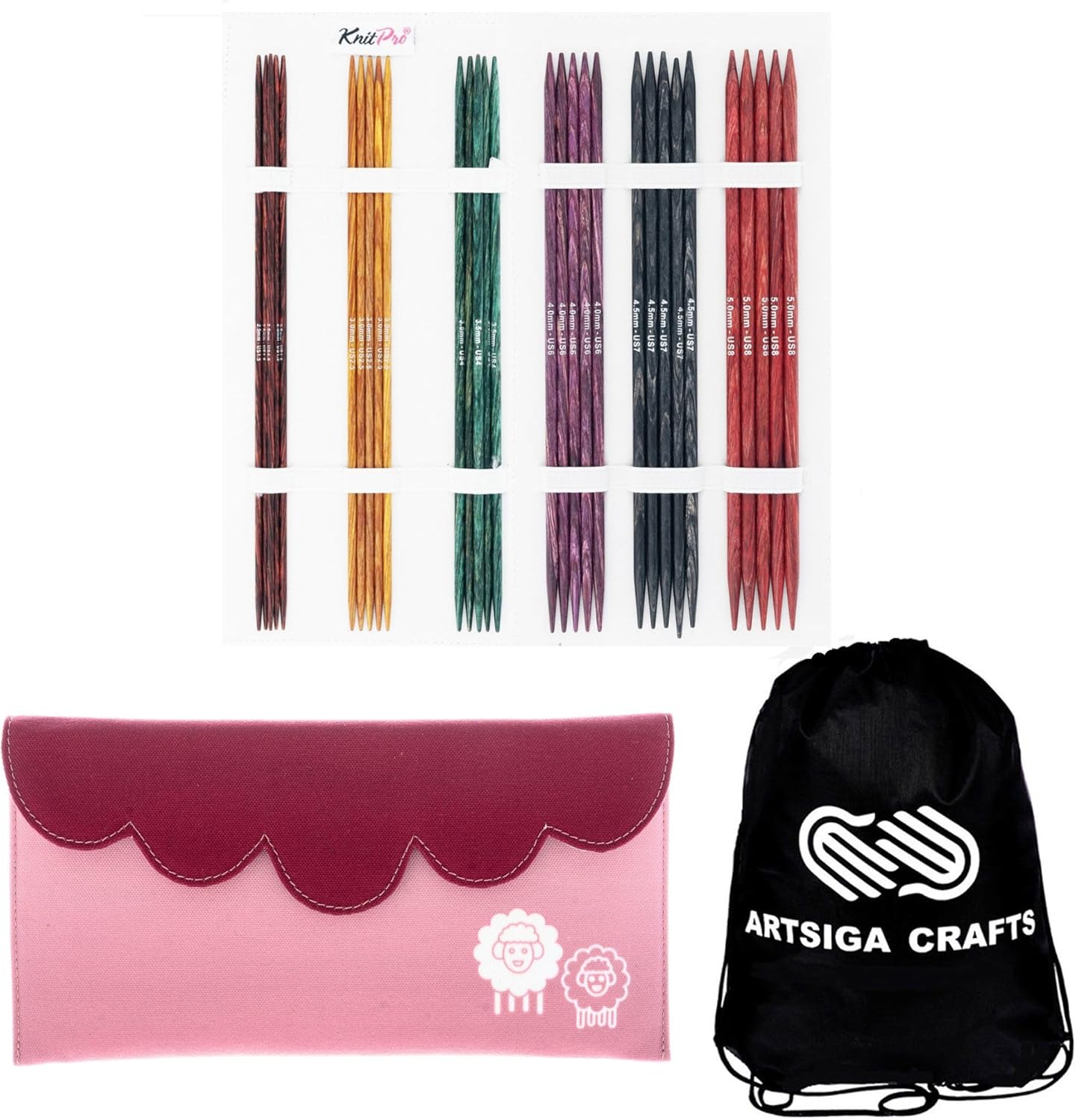 KnitPro Dreamz Starter Set 8 inch DPN Knitting Needles Size 1.5, 2.5, 4, 6, 7, 8 with Fabric Case with Project Bag