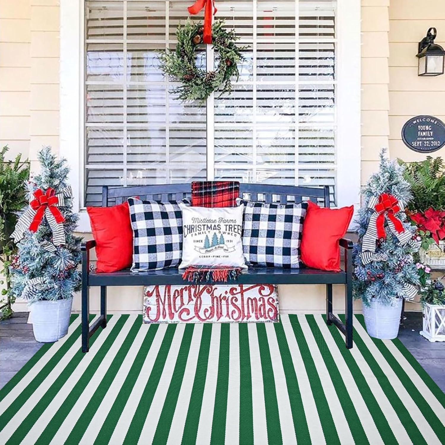 St. Patrick's Day Decorations Green & White Striped Rug, 4' x 6' Indoor/Outdoor Area Rug for Front Porch, Entryway, Machine Washable Cotton Woven Welcome Door Mat