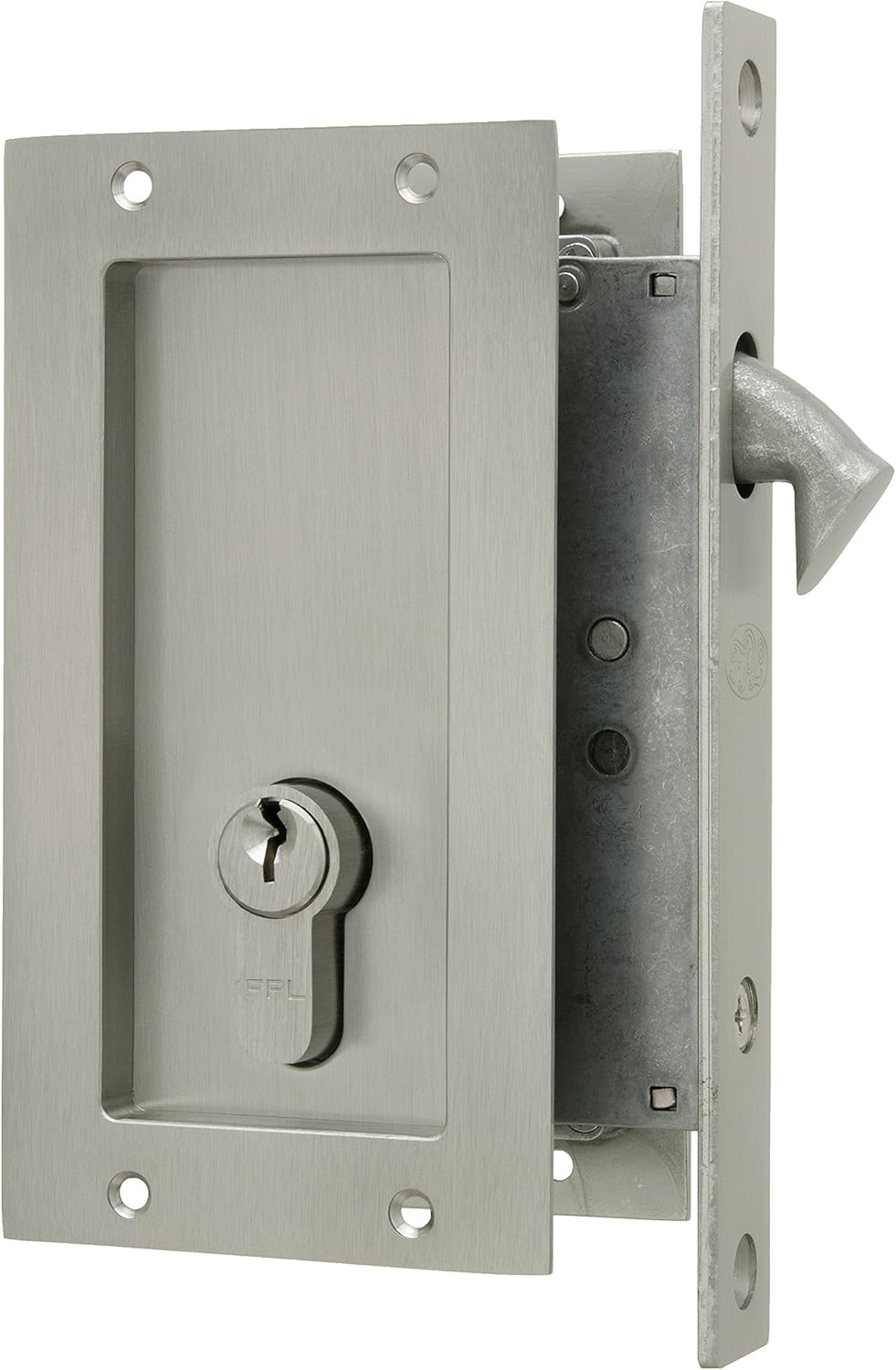 Anacapa by FPL- Solid Brass Modern Pocket Door Mortise Lock Set with Double Keyed Euro Profile Cylinder - Satin Nickel