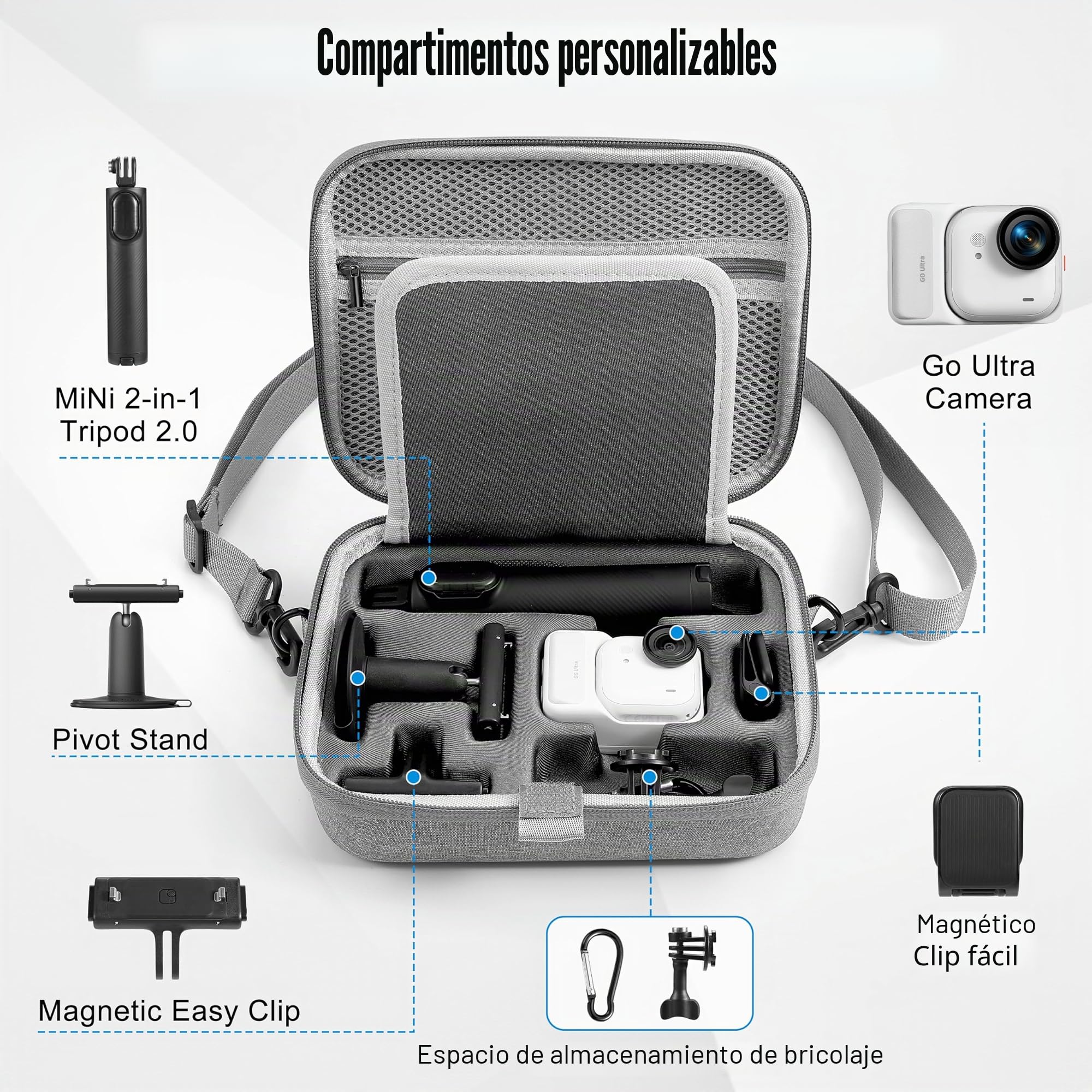 Funda de transporte para Insta360 GO Ultra, bolsa de viaje de material de nailon, organizador para accesorios Insta 360 GO Ultra, gran capacidad para montaje de liberación rápida, colgante magnético