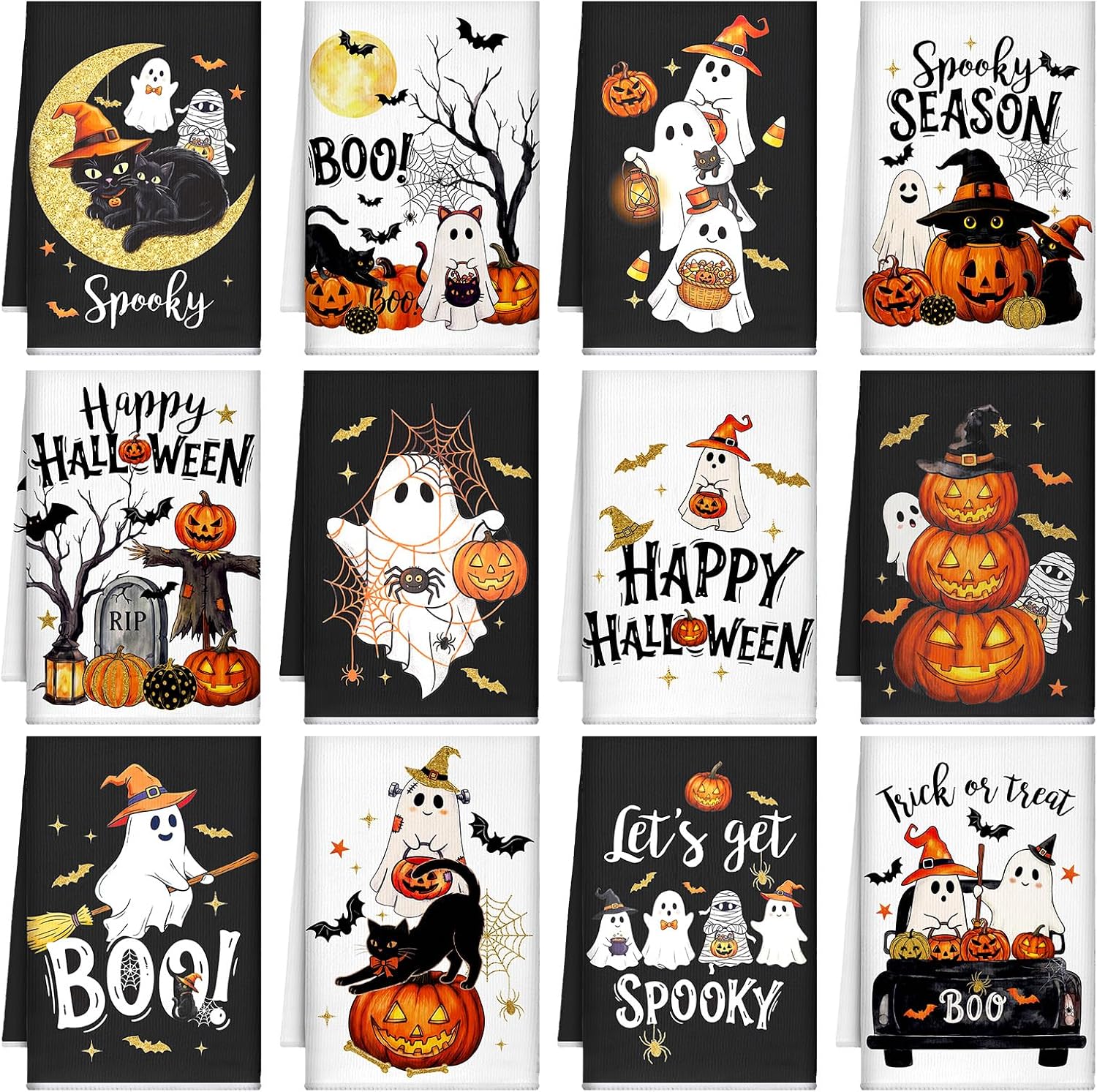 Geyoga 12 Pcs Halloween Kitchen Towels Ghost Dish Hand Towel Spooky Pumpkin