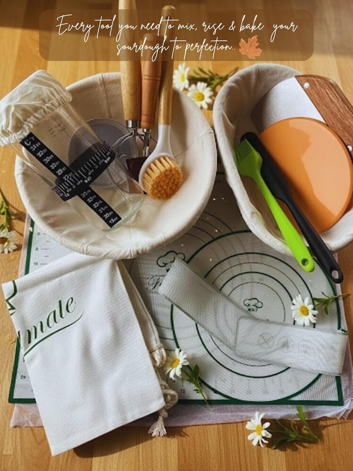 Sourdough Starter Kit - Banneton Bread Proofing Basket Set with Liners, Sourdough Bread Baking Supplies & Bread Making Tools - Includes two Banneton Basket, Tools with Sling & Kneading Pad