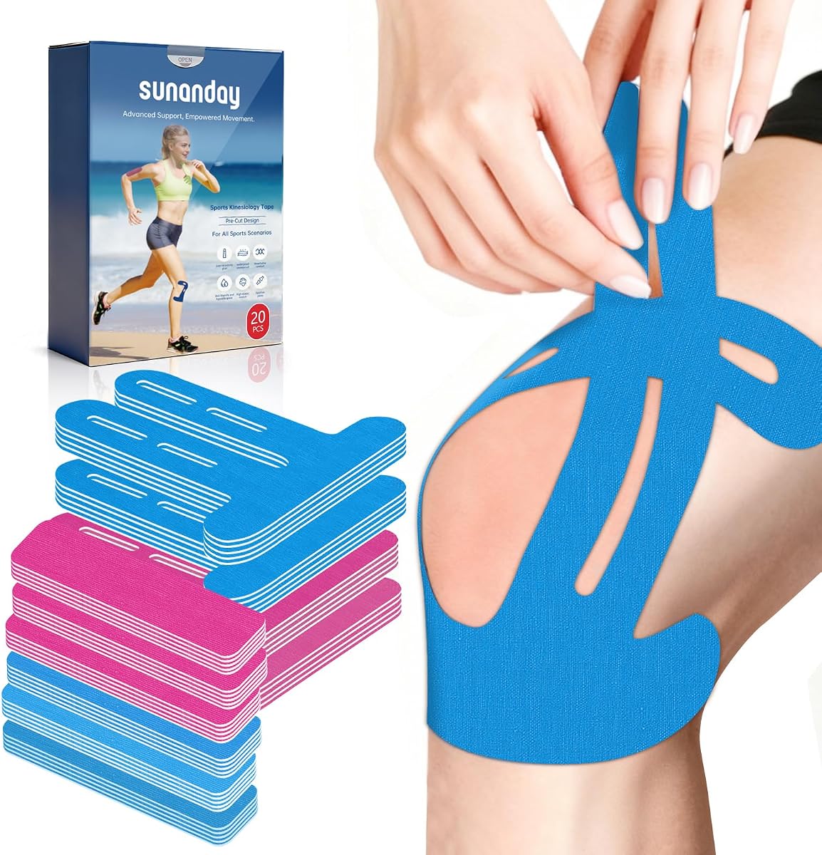 20 cintas de kinesiología impermeables, tiras precortadas para aliviar el dolor de rodilla | Cinta atlética hipoalergénica sin látex, rodillera para hombros, azul y rosa