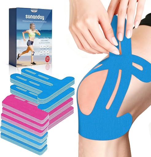 20 PCS Waterproof Kinesiology Tape for Shoulders/Knees,Precut Strips for Knee Pain Relief & Stability Support, Latex-Free Hypoallergenic Sports Athletic Tape (Blue and Pink)