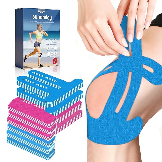 20 PCS Waterproof Kinesiology Tape for Shoulders Knees Precut Strips for Knee Pain Relief Stability Support Latex-Free Hypoallergenic