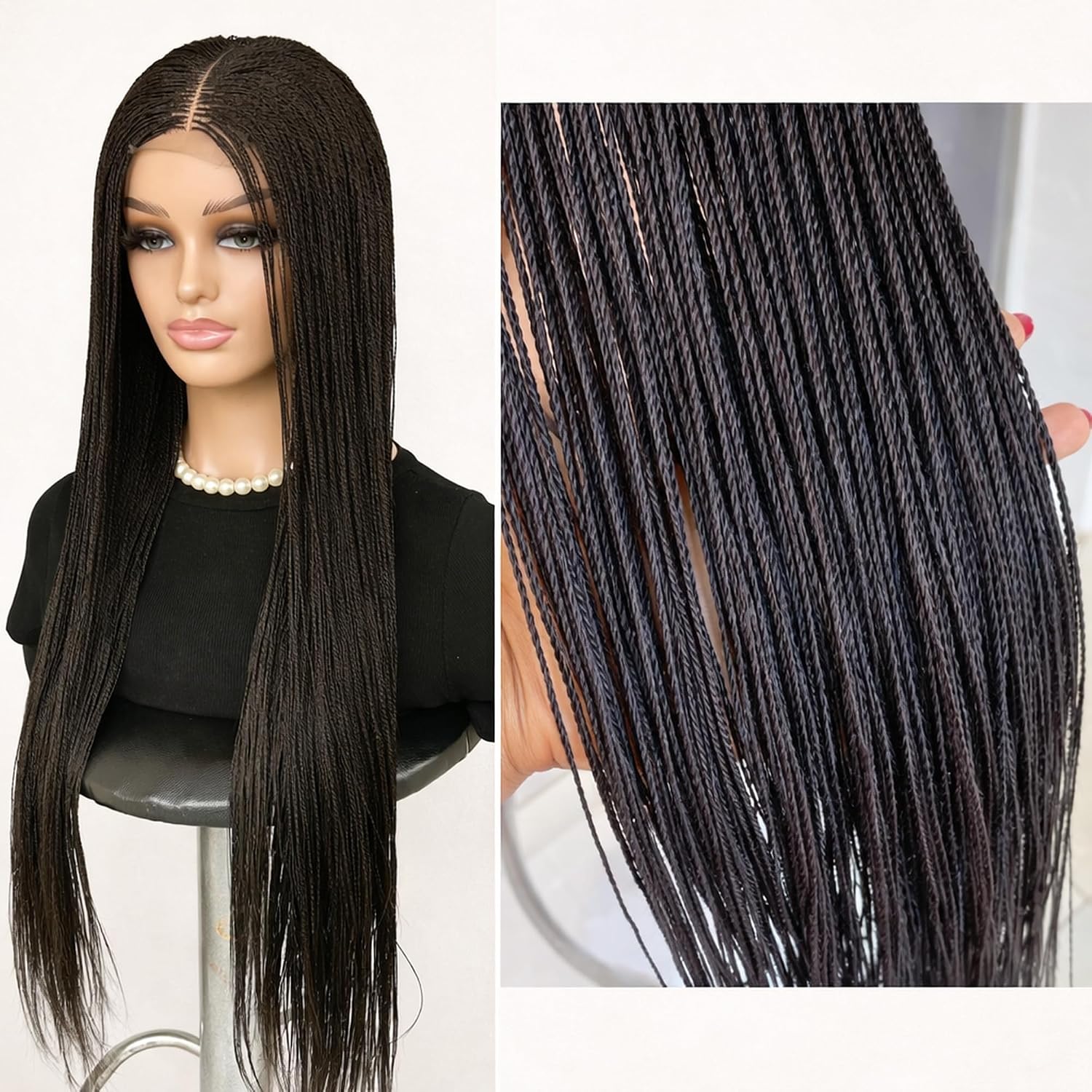 Micro Twist Braided Wig for Black Women 28” Twisted Braided Lace Front Wig with 2x6 Closure No Baby Hairs Lightweight Glueless Micro Twist Wig, Center & Side Part (NATURAL BLACK COLOR 2)