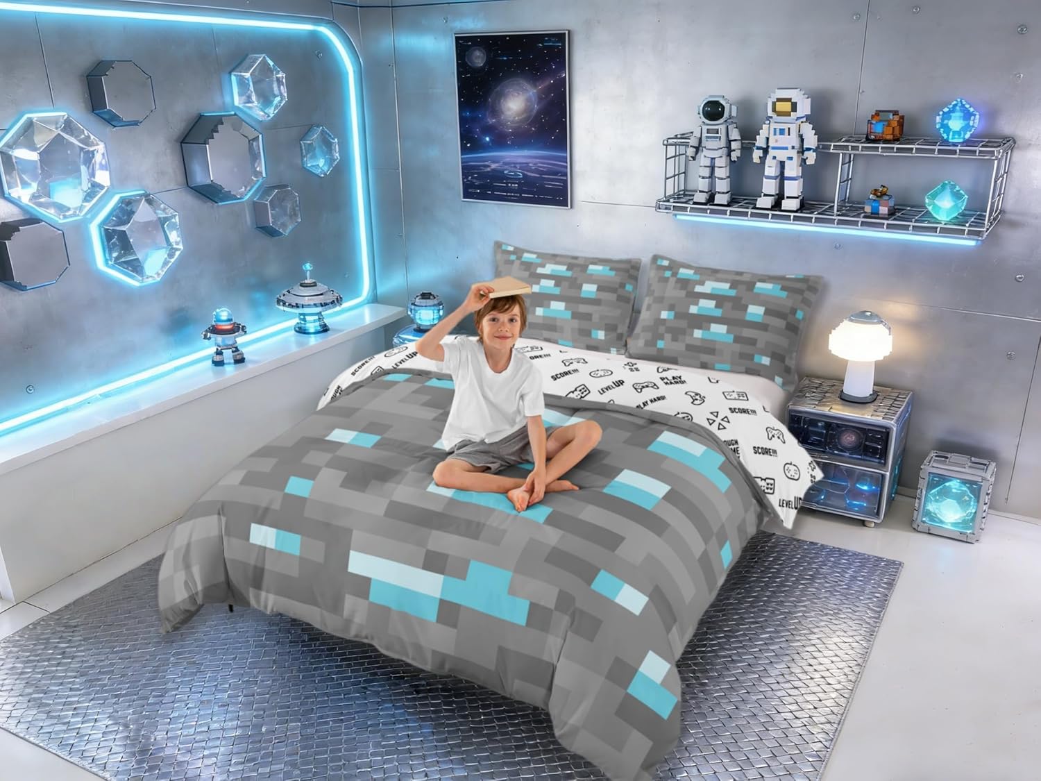 Manfei Pixelated Blocks Miners Kids Duvet Cover Set Queen Size,Video Games Game Gamepad Girls Boys Bedding Set,Geometric Grid Patchwork Room Decor,Gray Blue Quilt Cover,2 Pillowcases(No Comforter)