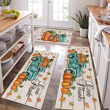 Pauwer Fall Kitchen Rug Sets of 3, Pumpkin Truck Kitchen Floor Mats | Farmhouse, Washable, Non Slip Kitchen Runner, Durable Throw Rugs For Laundry Room, Hallway, Fall Thanksgiving Decor