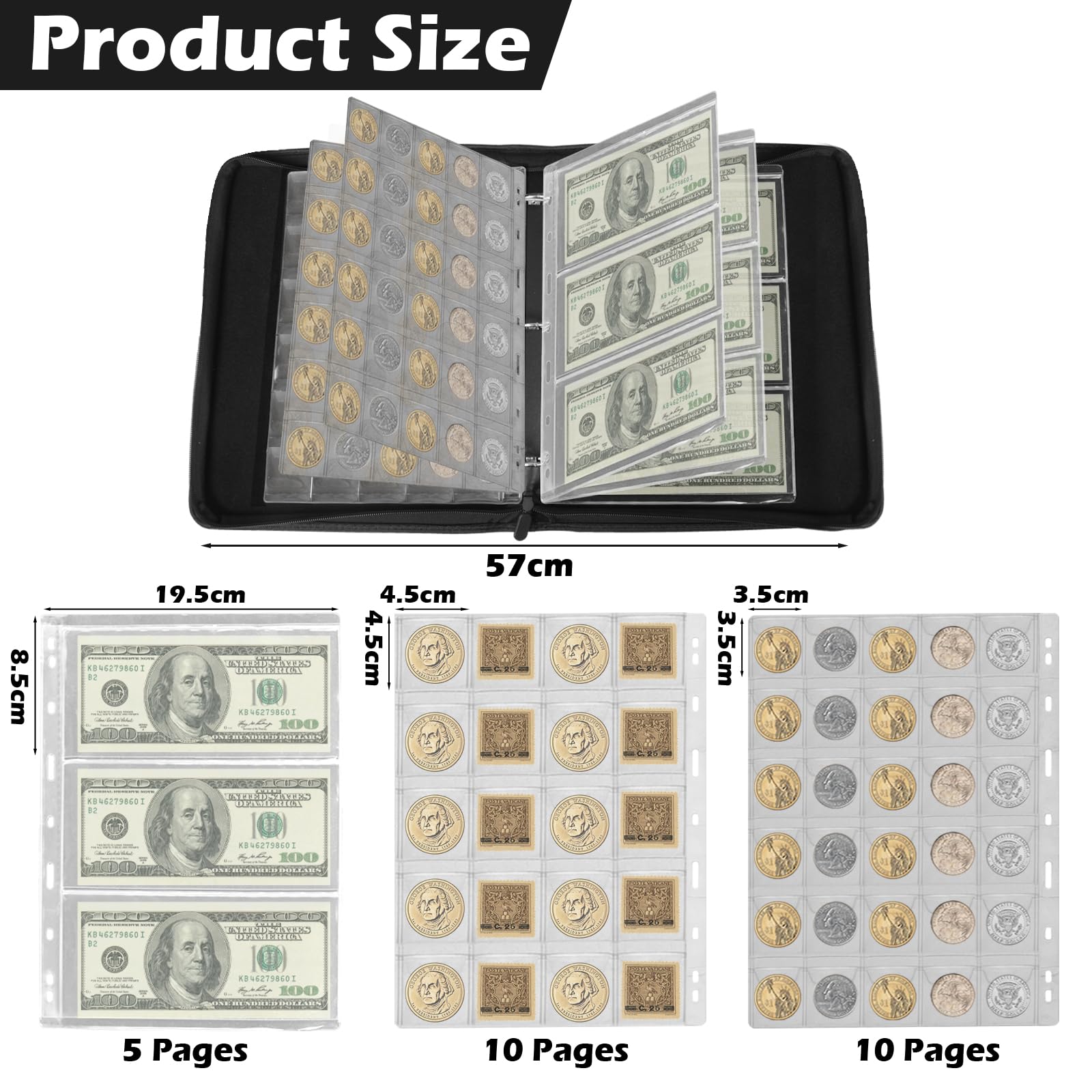 15 PagineTasche Raccoglitore Monete, 35x35mm/45X45mm 400 Porta Monete da Collezione+15 Tasche per Banconote, Raccoglitore da Collezione con Cerniera, Album Portamonete per Euro, Sterlina, Pence