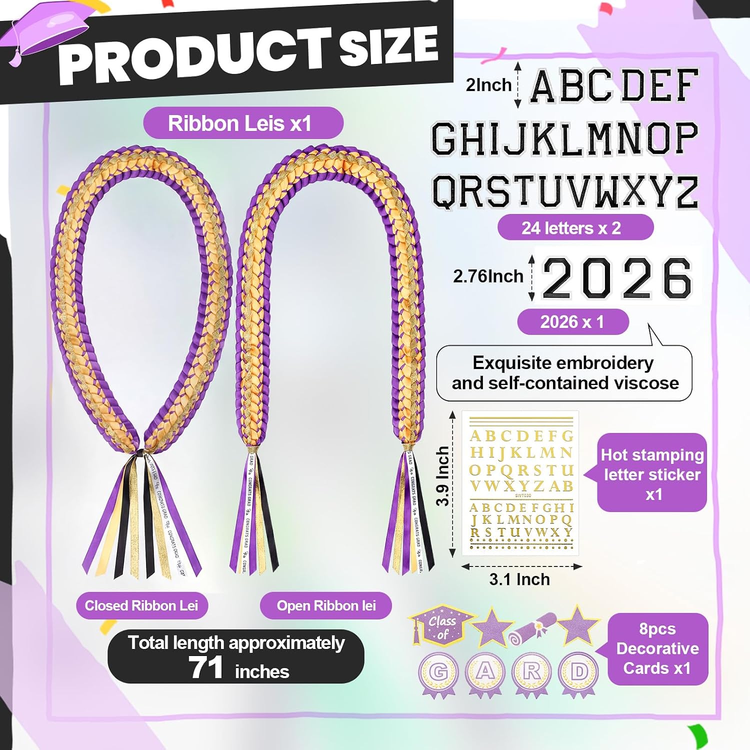 Juexica Graduation Lei Class of 2026, Graduation Ribbon Money Lei Personalized DIY Name Braided Necklace for Women Men Congrat Grad Party Gift Accessories(Yellow Purple,1 Set)