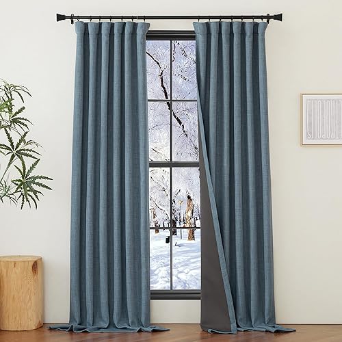 NICETOWN Faux Linen Mist Blue 100% Blackout Curtains for Living Room, Pinch Pleated Curtains Room Darkening Thermal Window Treatments Light/Noise Reducing for Bedroom, W50 x L96, 2 Pieces