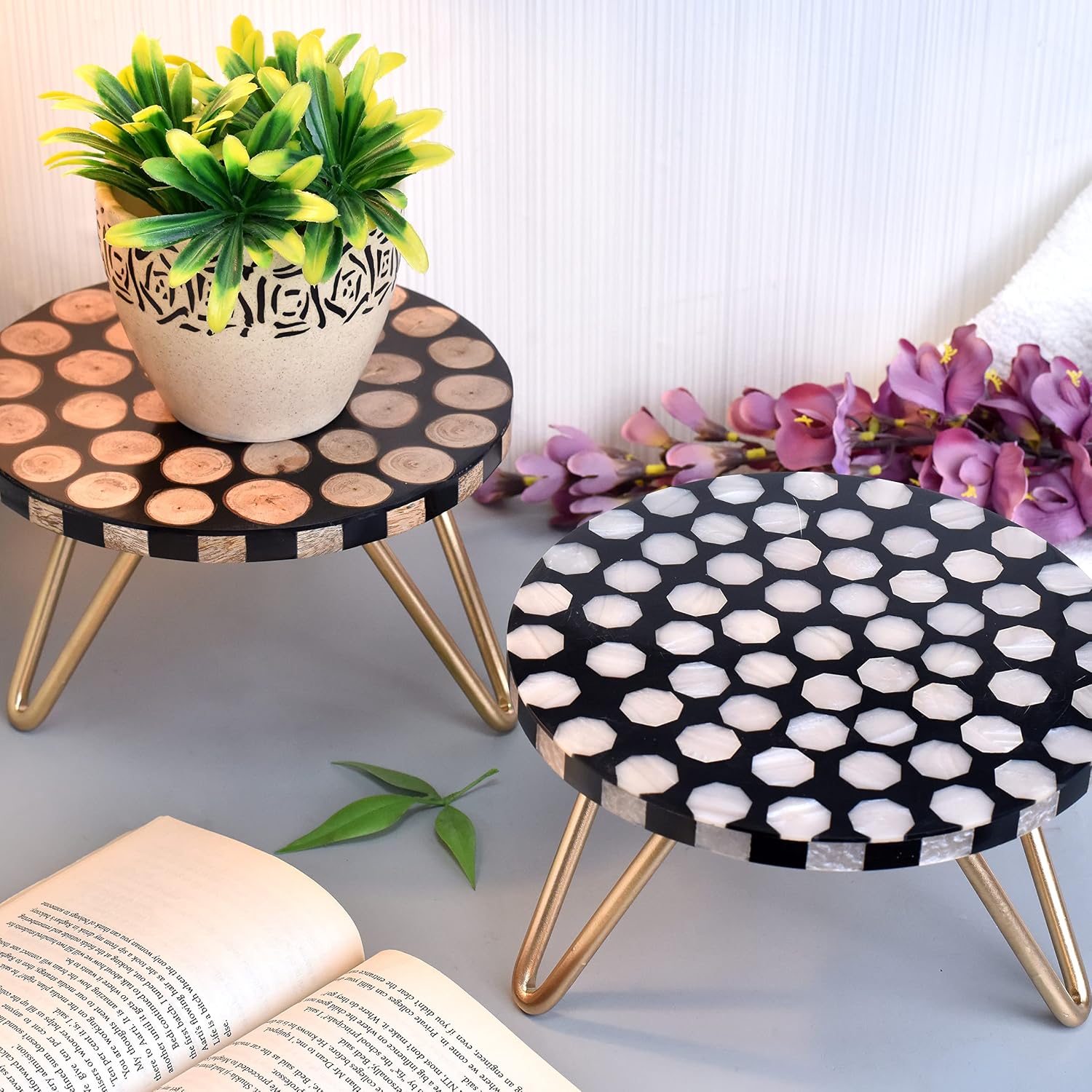 Indian Shelf Cake Stands for Dessert Table | Wooden and Resin Reusable Cheese Fruit Dessert Serving Stand | Disc Design Food Stands for Display Party [Black and Brown, 2 Pack]