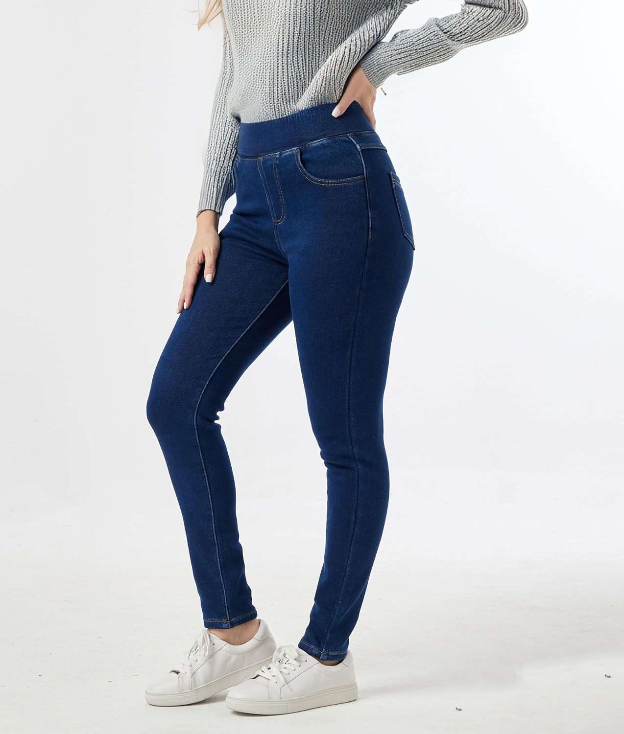 Yehopere Women's Fleece Lined Jeans Winter High Waist Pull On Skinny Denim Pants Thermal Flannel Lined Jeggings - Image 4