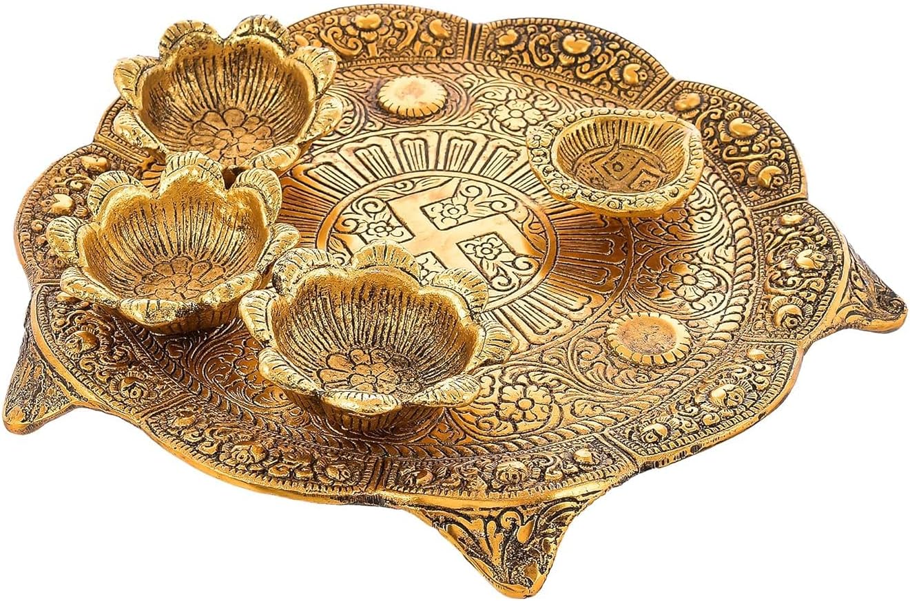 Decorative Brass Pooja Thali with 4 Flower Bowls, Traditional Religious Prayer Plate, 21x21 inches, Gold